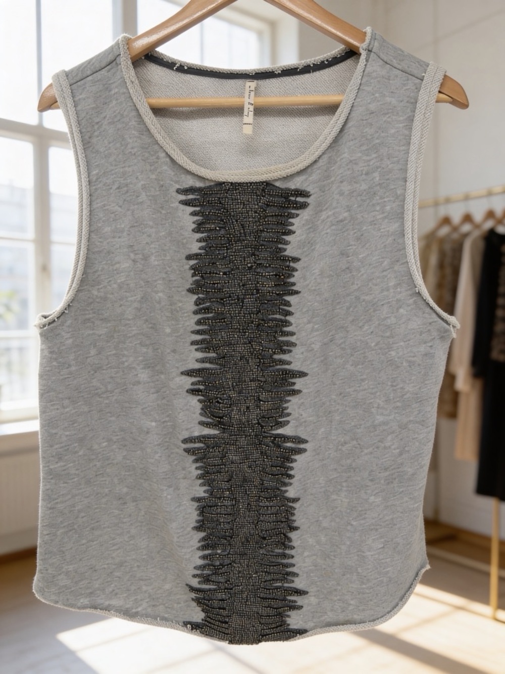 Willow & Clay Grey Tank Top with Black Beaded Center Panel Size Large